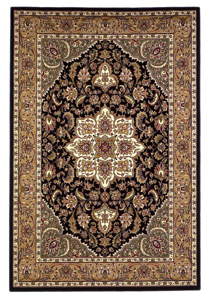 10'X13' Black Beige Machine Woven Floral Medallion Indoor Area Rug