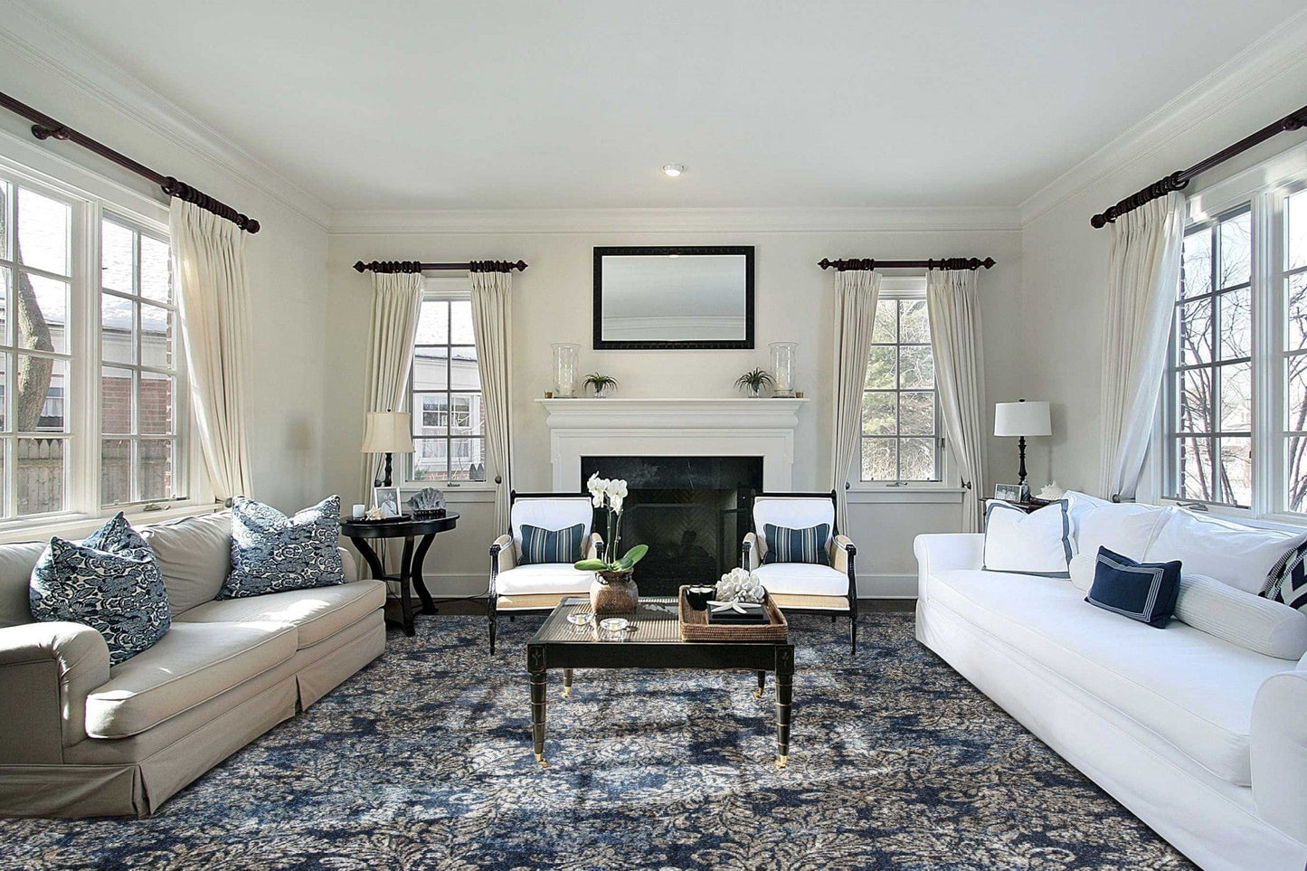 8'X11' Slate Blue Machine Woven Damask Indoor Area Rug