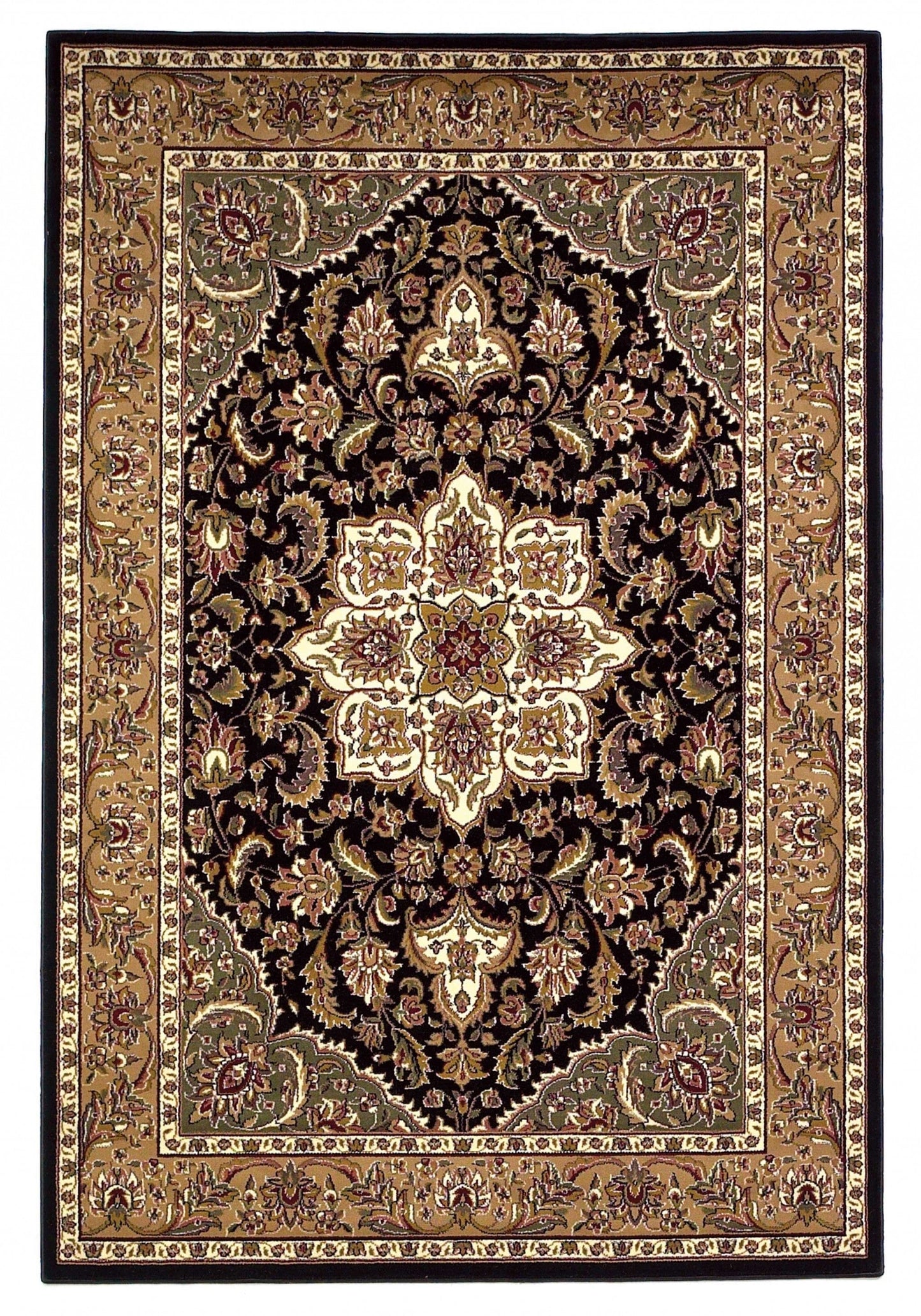 10'X13' Black Beige Machine Woven Floral Medallion Indoor Area Rug