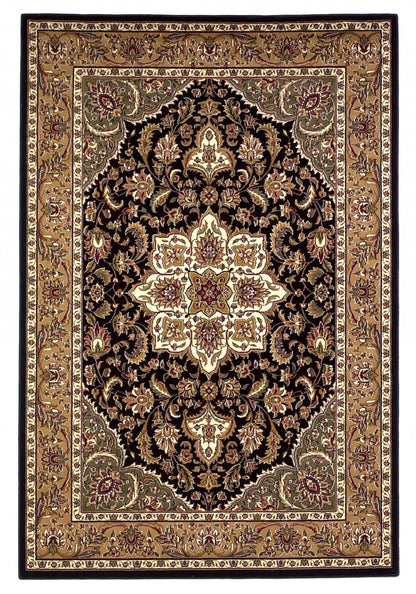 10'X13' Black Beige Machine Woven Floral Medallion Indoor Area Rug