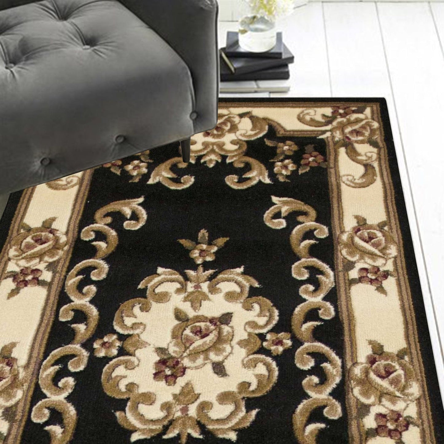 7' Round Black Or Ivory Floral Bordered Indoor Area Rug