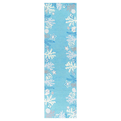 8'X10' Sea Blue Hand Hooked Bordered Coral Reef Indoor Area Rug