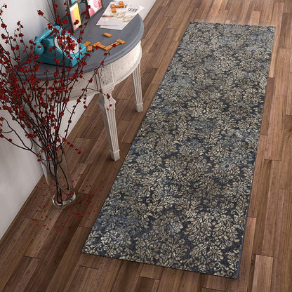 8'X11' Slate Blue Machine Woven Damask Indoor Area Rug