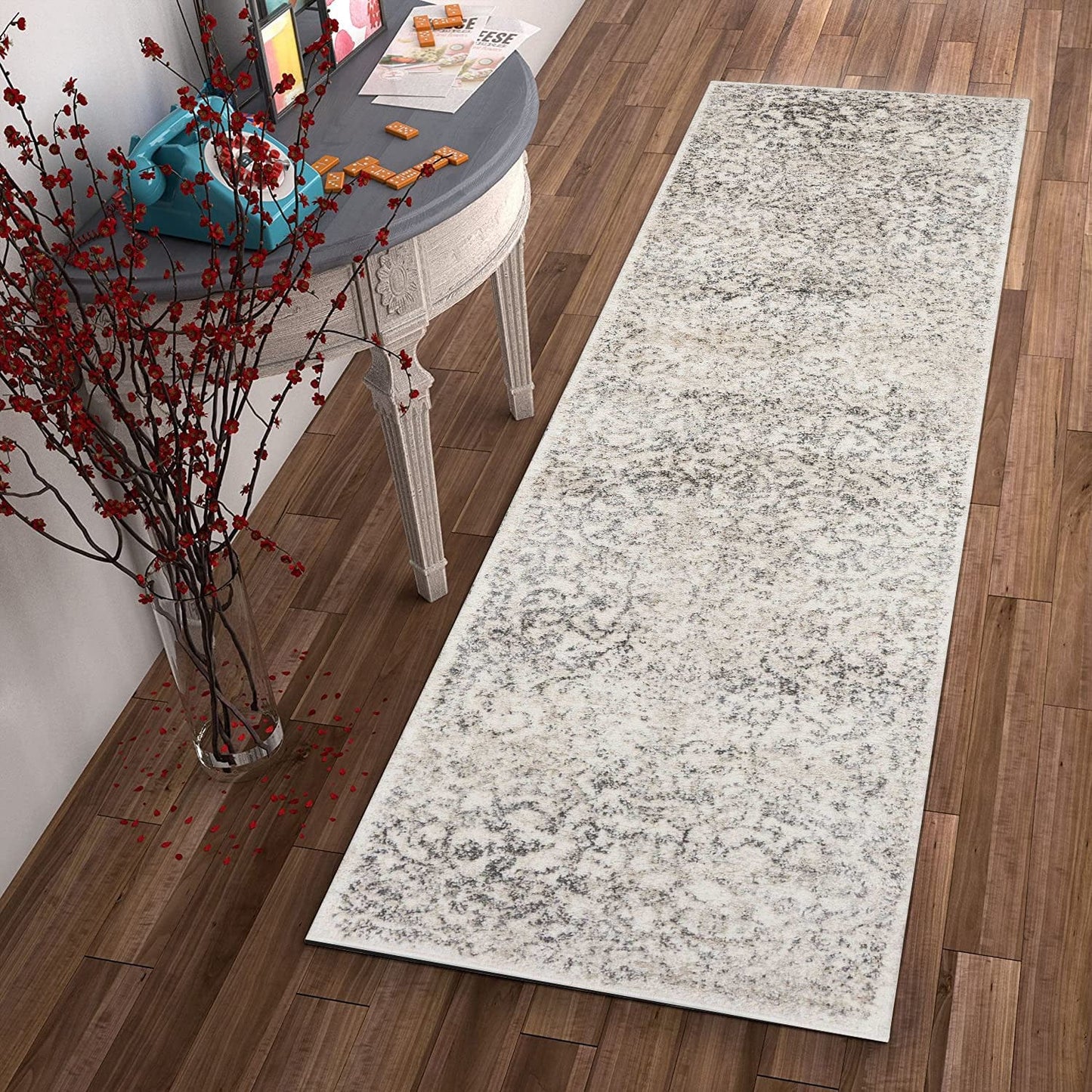 8'X10' Ivory Machine Woven Distressed Floral Vines Indoor Area Rug