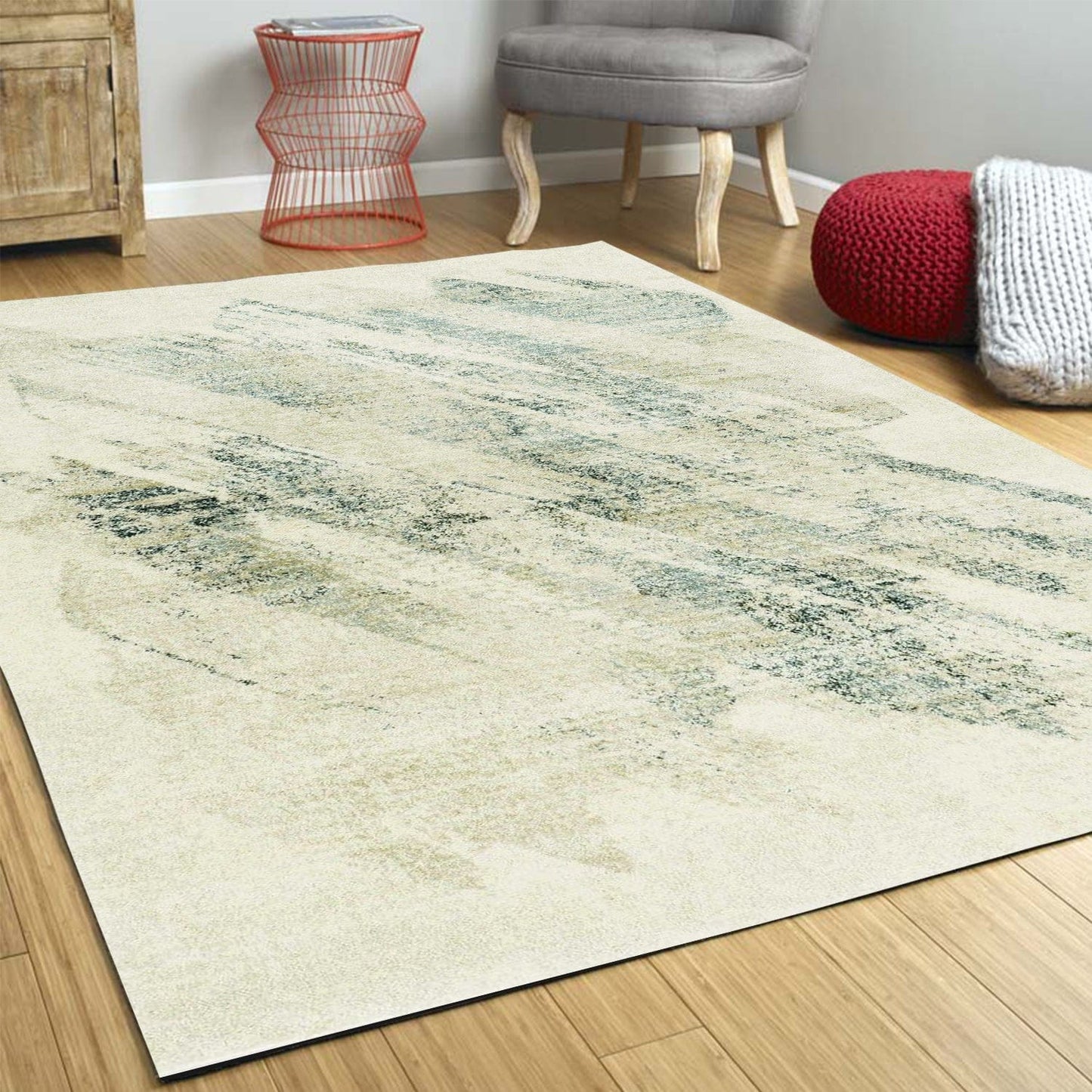 9'X13' Ivory Grey Machine Woven Abstract Brushstroke Indoor Area Rug