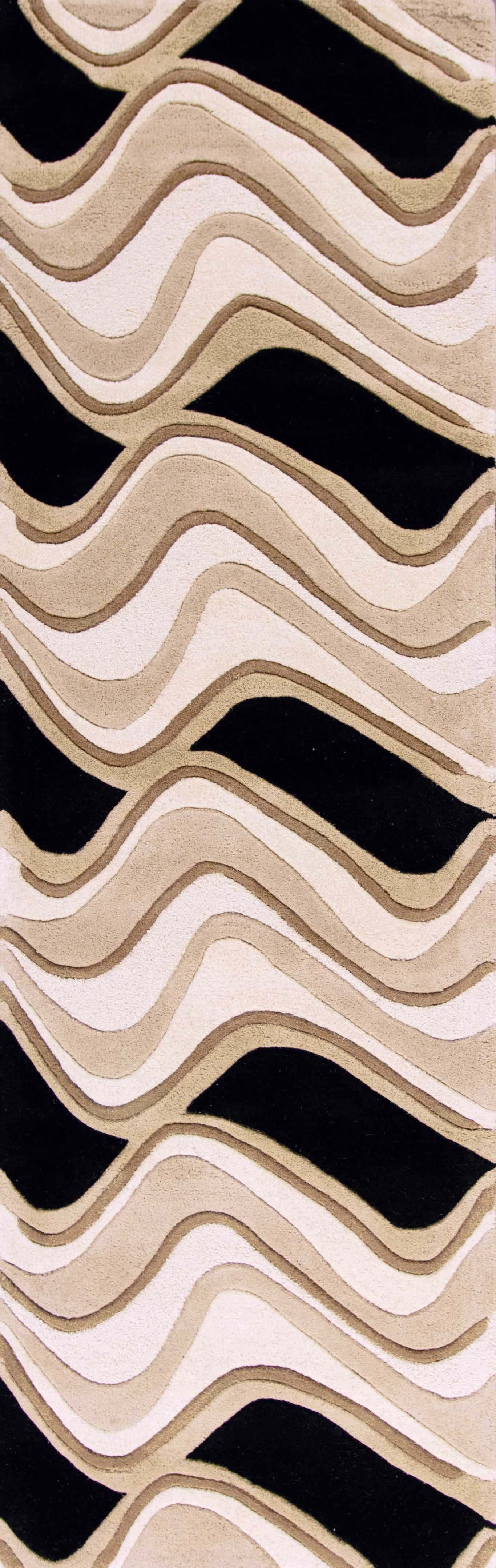 8'X11' Black Beige Hand Tufted Abstract Waves Indoor Area Rug