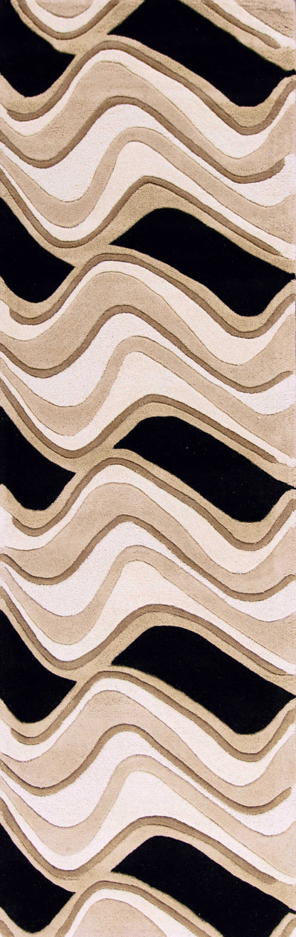8'X11' Black Beige Hand Tufted Abstract Waves Indoor Area Rug