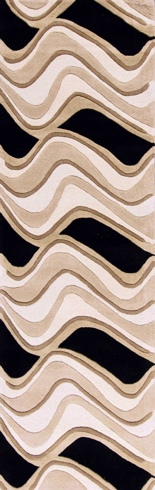 8'X11' Black Beige Hand Tufted Abstract Waves Indoor Area Rug