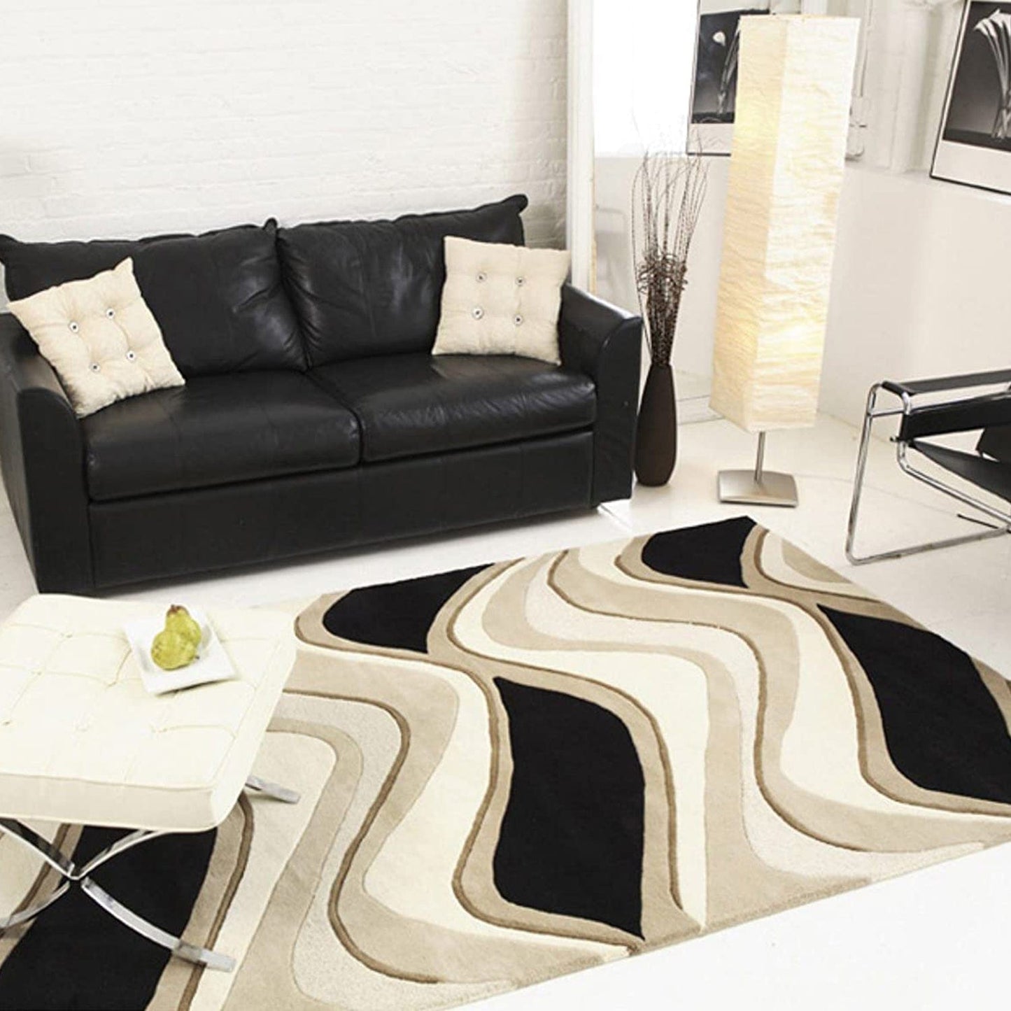 8'X11' Black Beige Hand Tufted Abstract Waves Indoor Area Rug