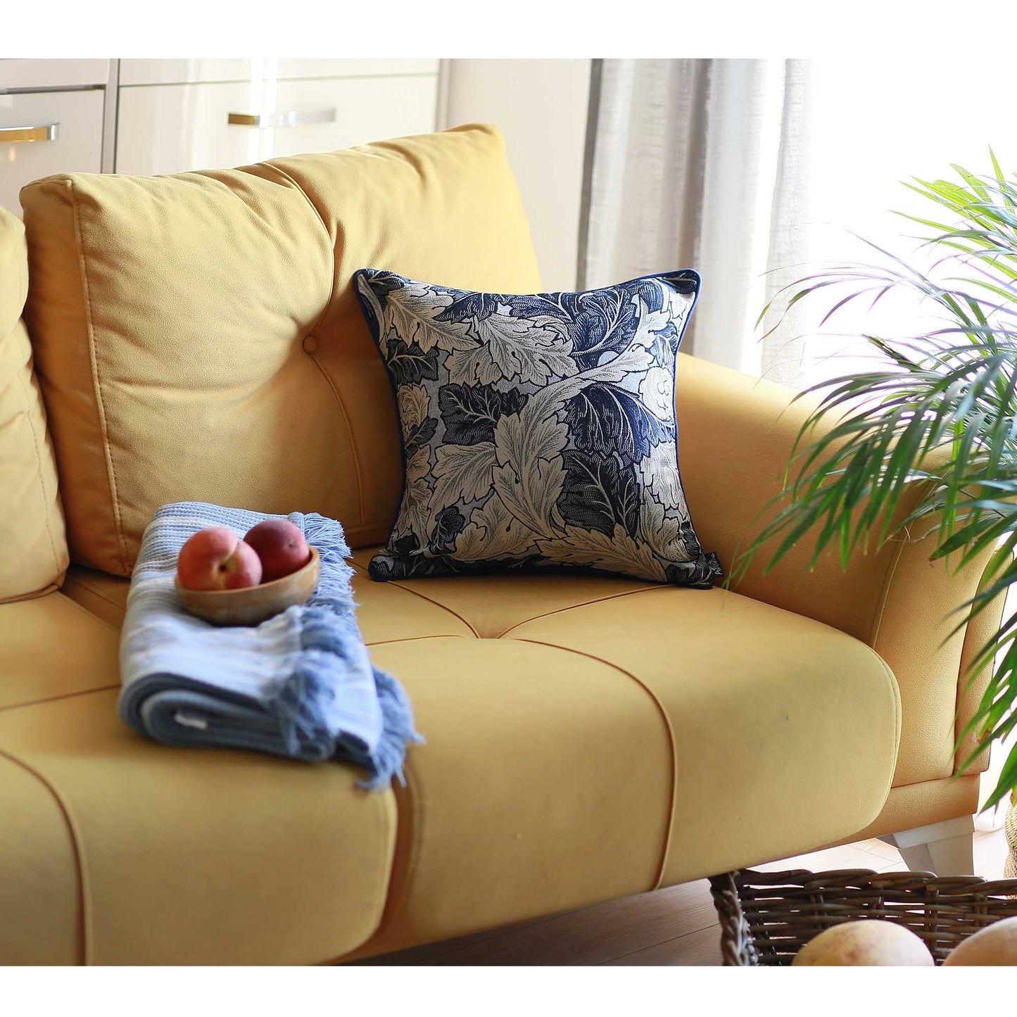 Blue And Grey Jacquard Leaf Decorative Throw Pillow Cover