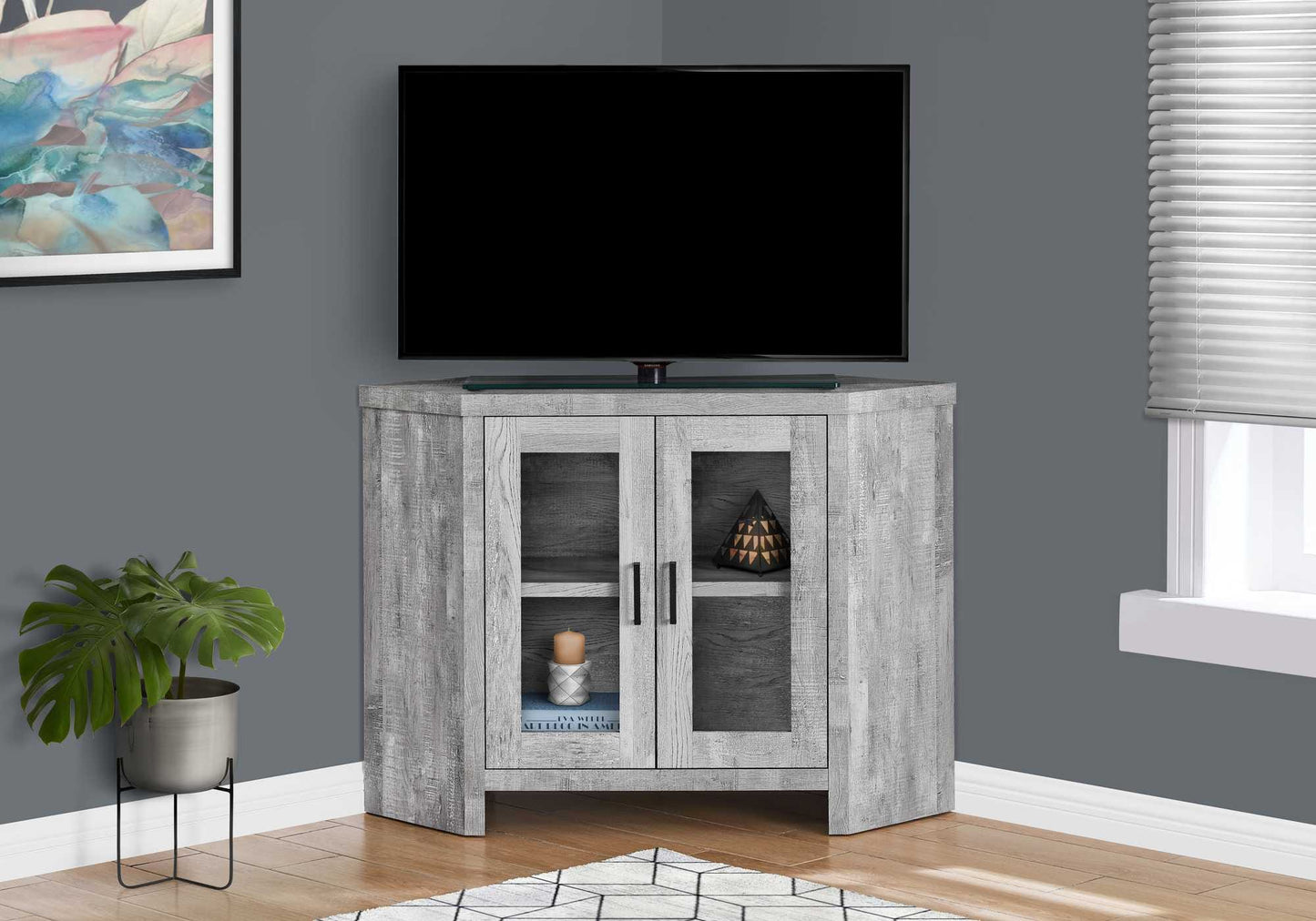 Reclaimed Wood Gray Finish Corner Tv Stand With Glass Doors