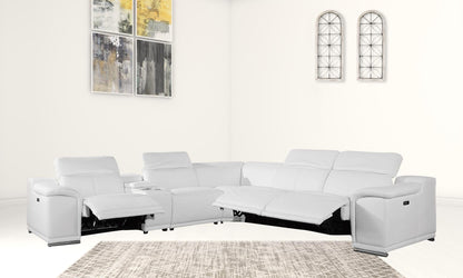 Six Piece White Genuine Leather Power Reclining Sectional Sofa