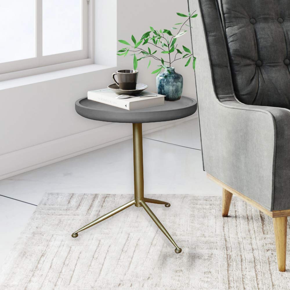 Sleek Round Gray Wood And Goldtone Side End Table 19" H