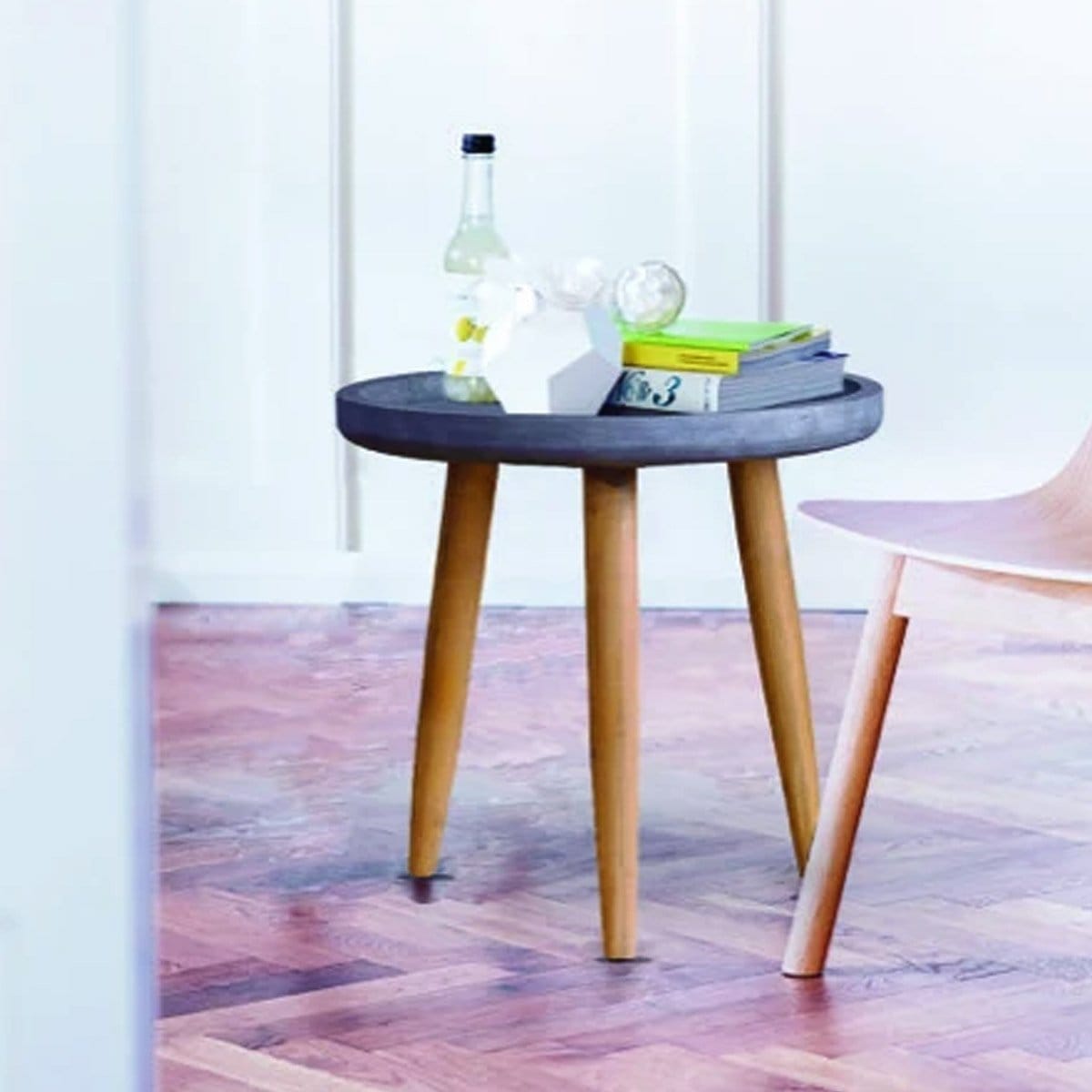 Cement Gray Finish Wooden Side End Table With Round Top