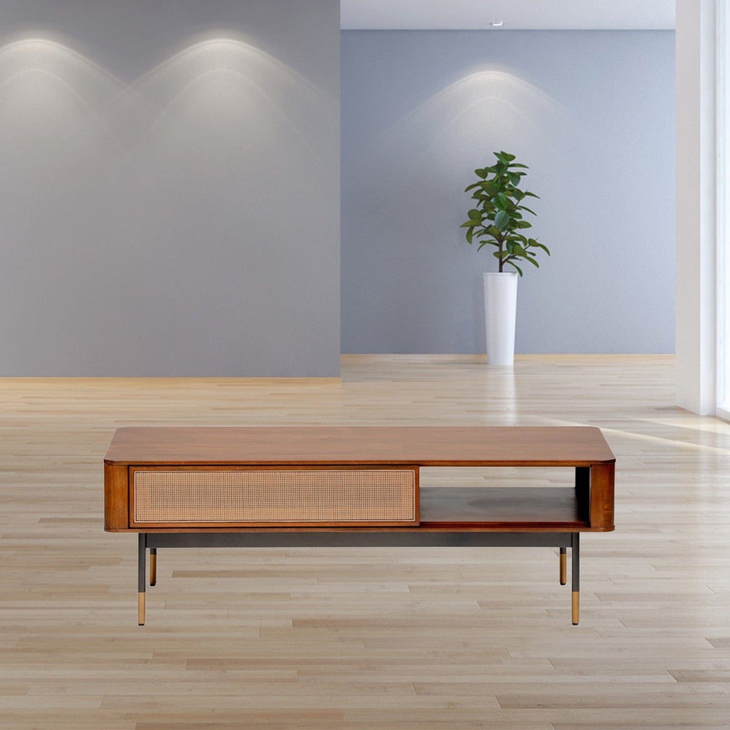 Modern Natural Brown And Wicker Coffee Table With Storage