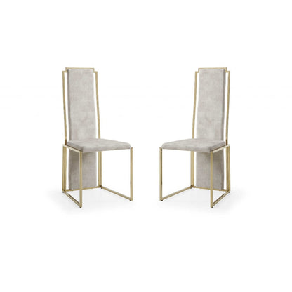 Set Of 2 Ultra Modern Beige Suede And Gold Dining Chairs