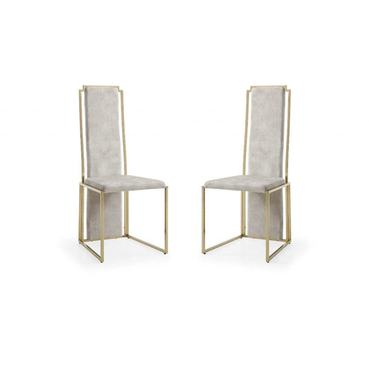 Set Of 2 Ultra Modern Beige Suede And Gold Dining Chairs