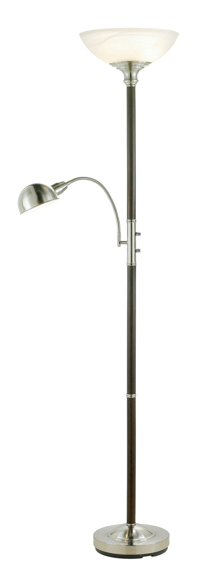 Two Light Combo Floor Lamp Wood Brushed Steel Torchiere With Frosted Glass Dome Shade And Reading Light With Brushed Steel Dome Shade