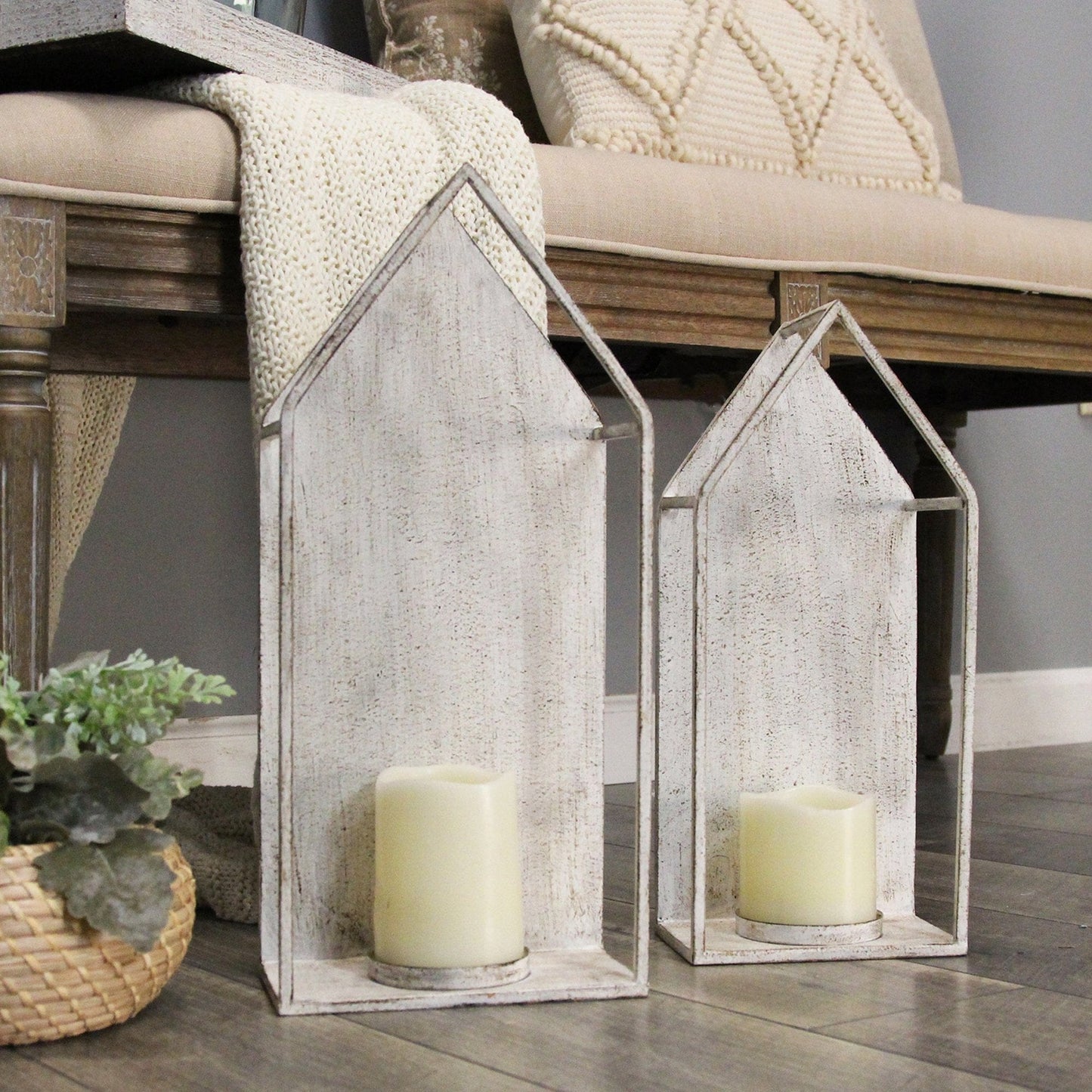 Set Of 2 Farmhouse Style Distressed Metal Candleholders