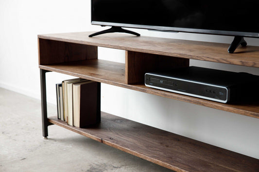 Warm Dark Finish Maple And Steel Tv Stand And Media Center