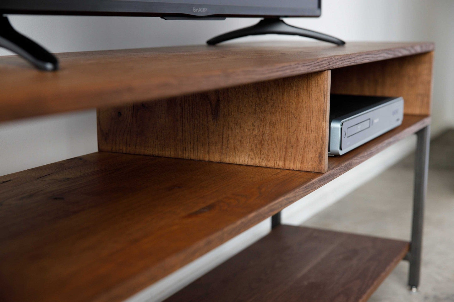 Warm Dark Finish Maple And Steel Tv Stand And Media Center