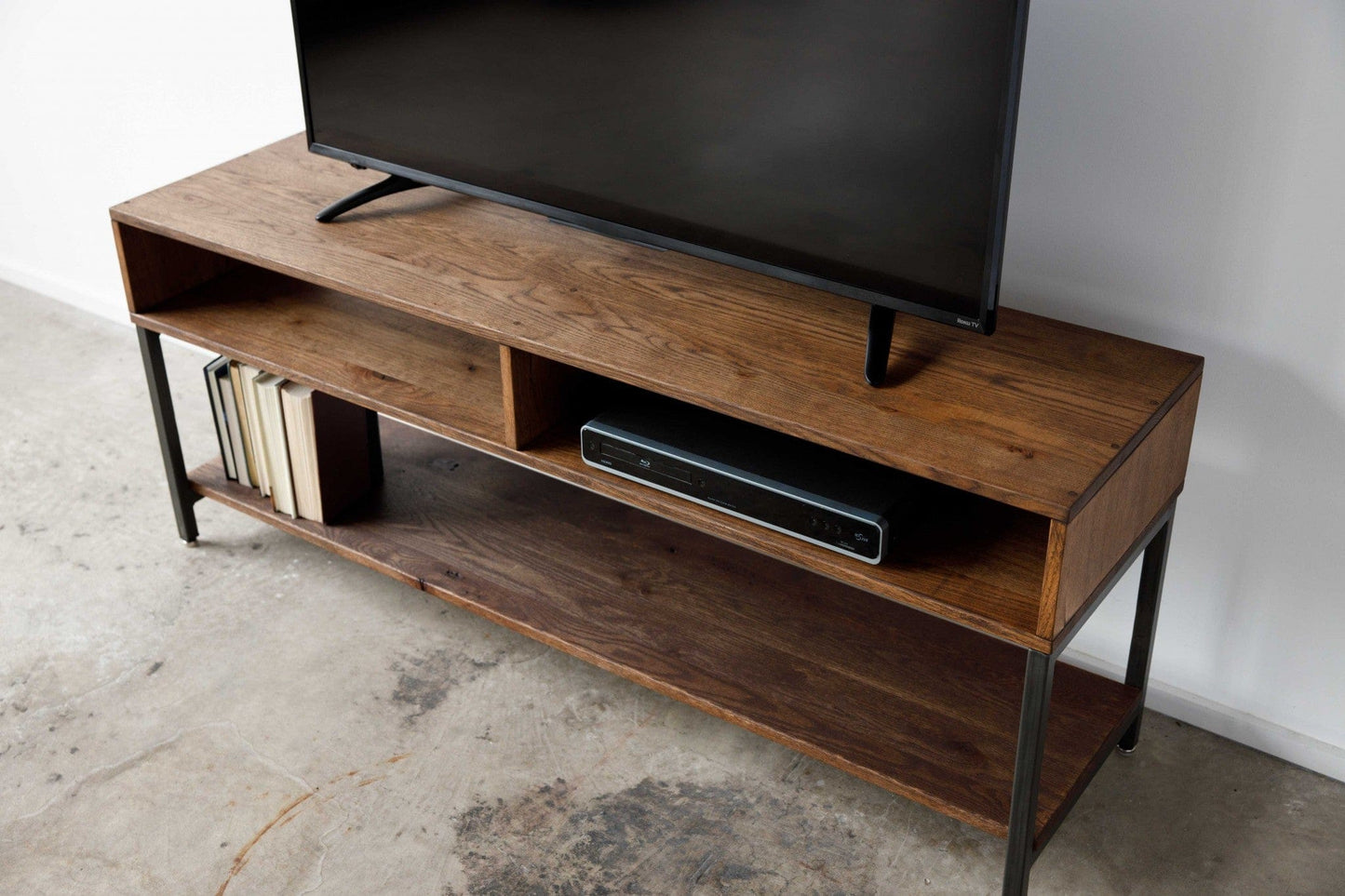 Warm Dark Finish Maple And Steel Tv Stand And Media Center