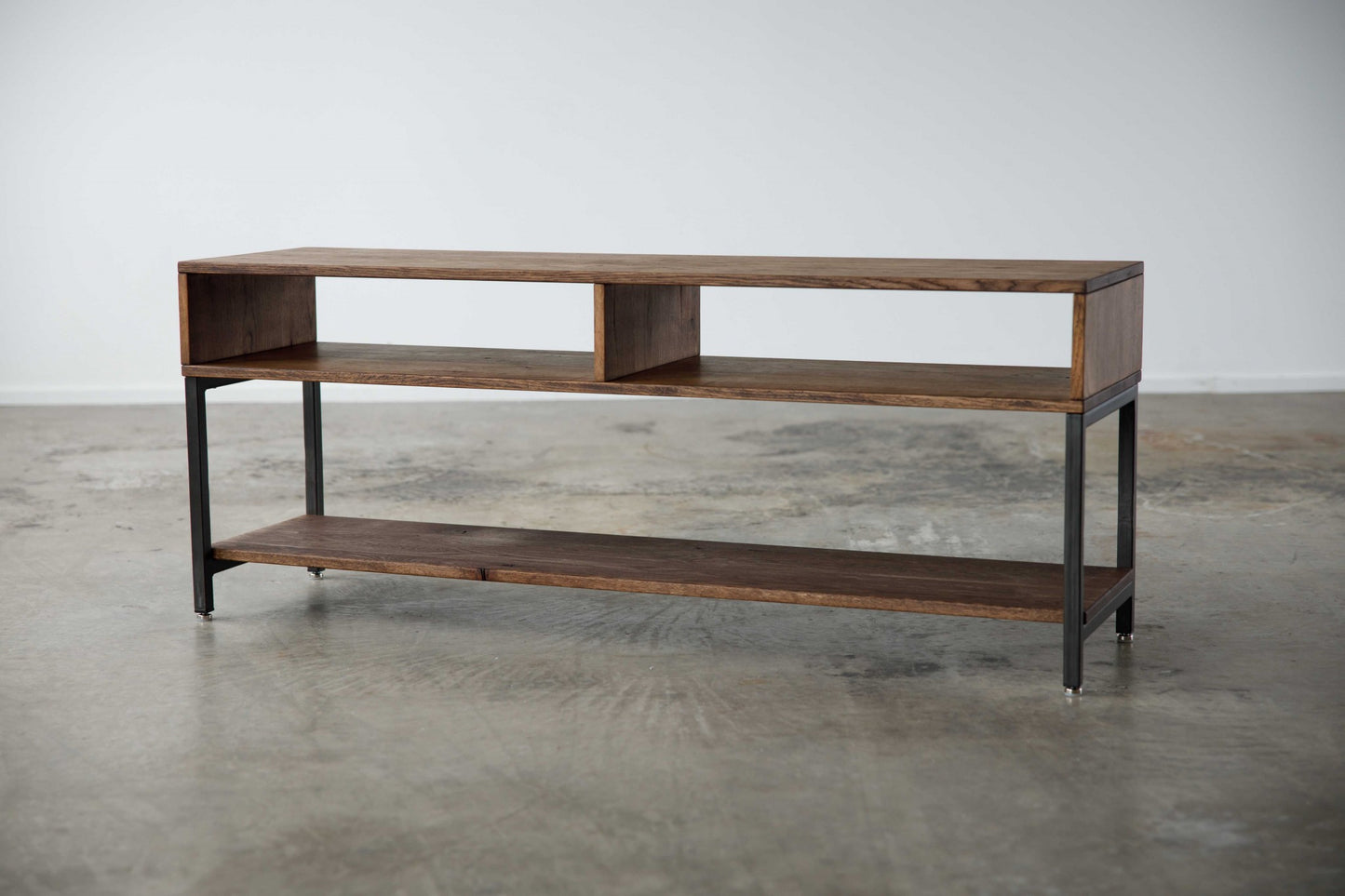 Warm Dark Finish Maple And Steel Tv Stand And Media Center