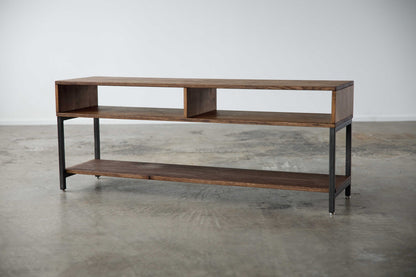 Warm Dark Finish Maple And Steel Tv Stand And Media Center