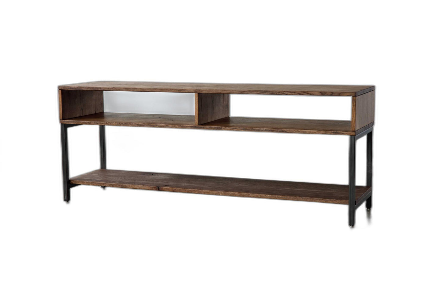 Warm Dark Finish Maple And Steel Tv Stand And Media Center
