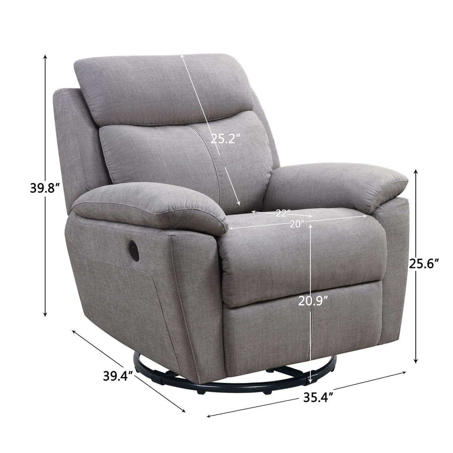 35.43" X 39.37" X 39.8" Light Grey Fabric Glider & Swivel Power Recliner With Usb Port