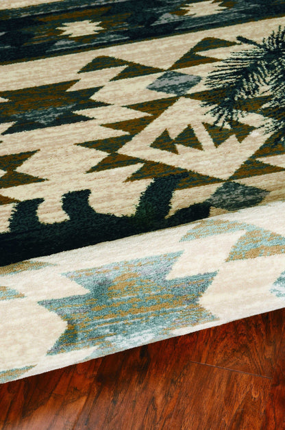 8'X10' Ivory Blue Machine Woven Geometric Lodge Indoor Area Rug