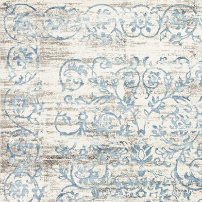 5' X 8' Ivory And Blue Floral Vines Area Rug