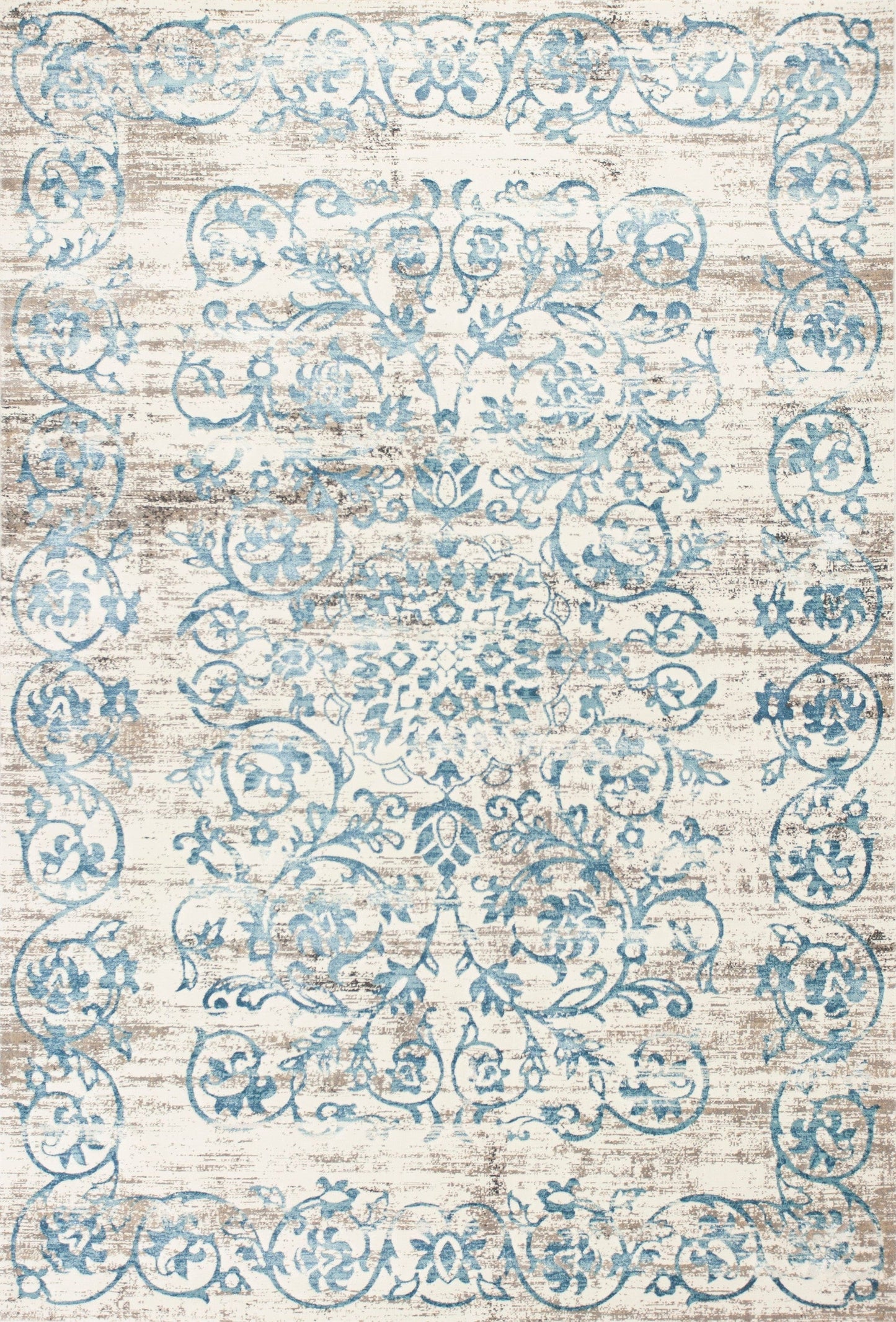 5' X 8' Ivory And Blue Floral Vines Area Rug