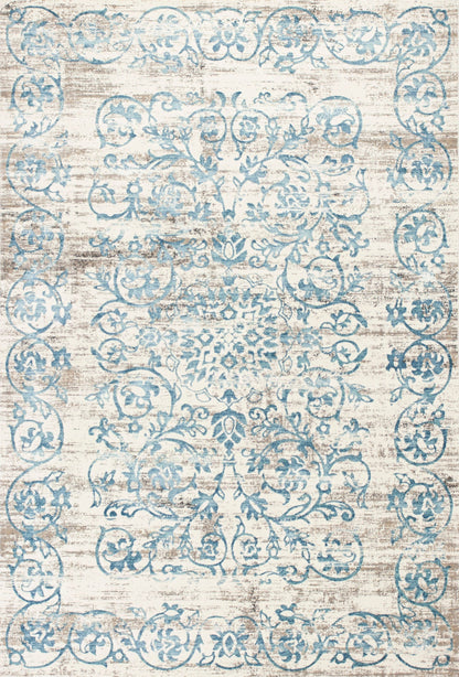 5' X 8' Ivory And Blue Floral Vines Area Rug