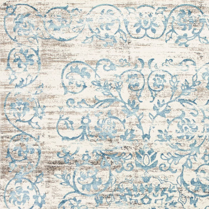5' X 8' Ivory And Blue Floral Vines Area Rug