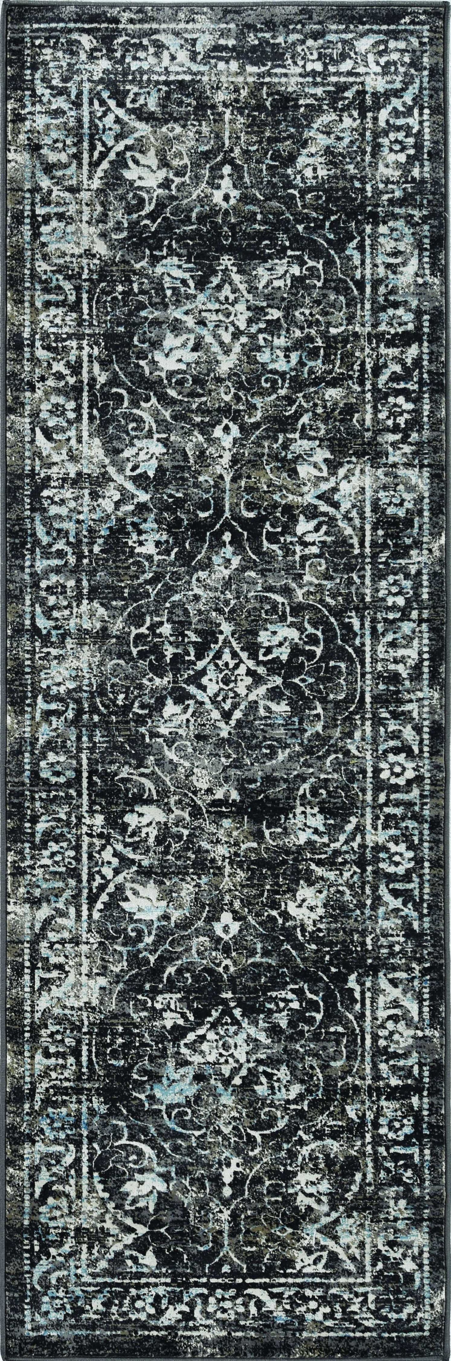 7' Midnight Black Machine Woven Vintage Traditional Indoor Runner Rug