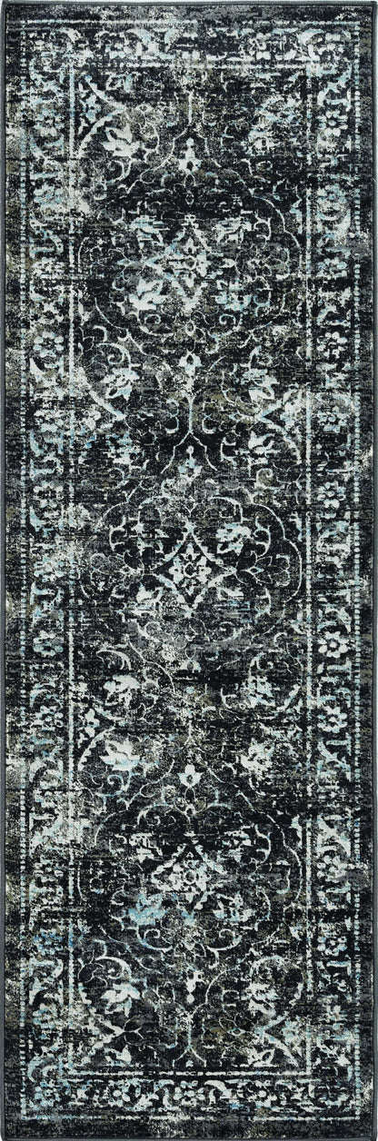 7' Midnight Black Machine Woven Vintage Traditional Indoor Runner Rug
