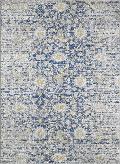 7' Blue Grey Machine Woven Distressed Floral Indoor Runner Rug