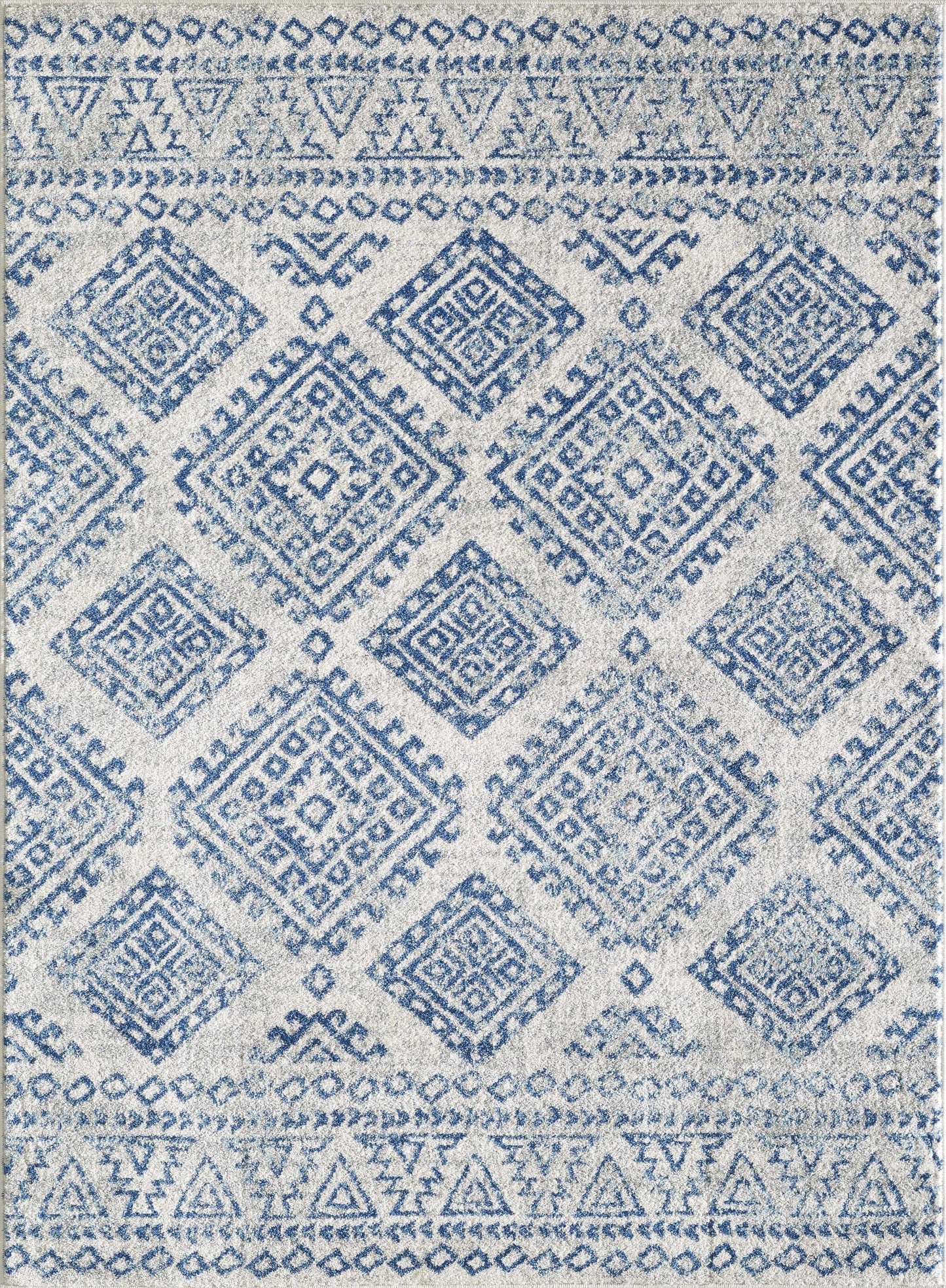 7' Ivory Blue Machine Woven Distressed Geometric Indoor Runner Rug