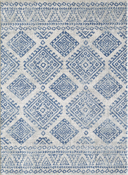 7' Ivory Blue Machine Woven Distressed Geometric Indoor Runner Rug