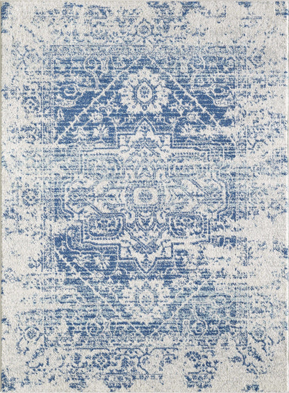 7' Ivory Blue Machine Woven Distressed Medallion Indoor Runner Rug