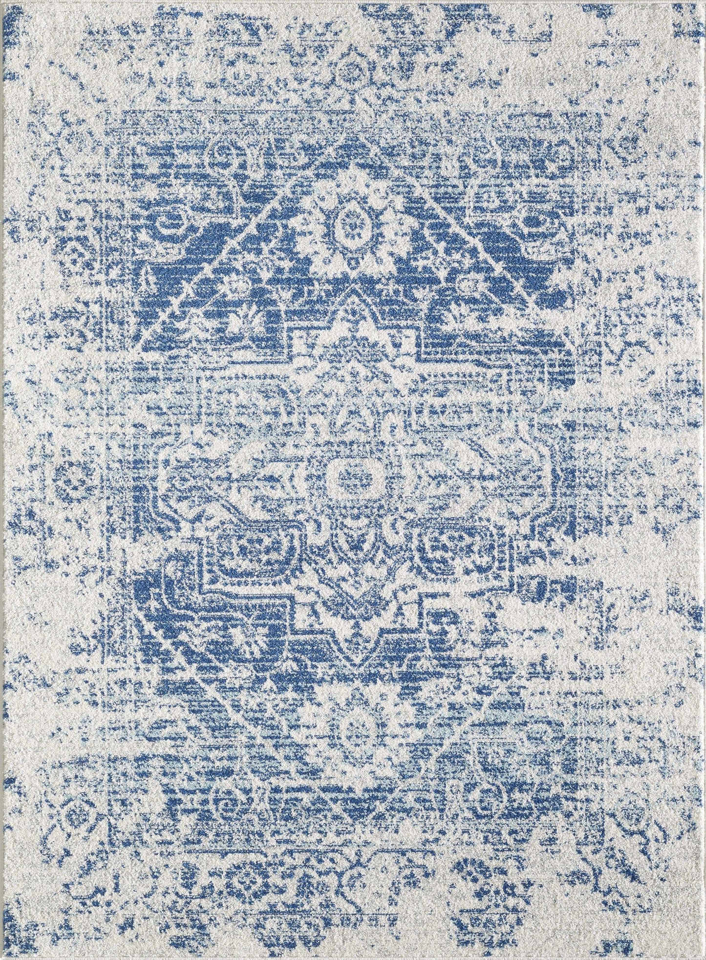 7' Ivory Blue Machine Woven Distressed Medallion Indoor Runner Rug