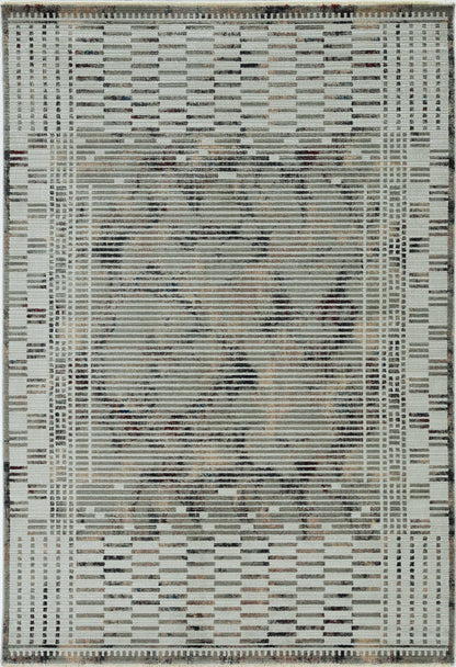 8' Natural Grey Machine Woven Bordered Abstract Lines Round Indoor Area Rug