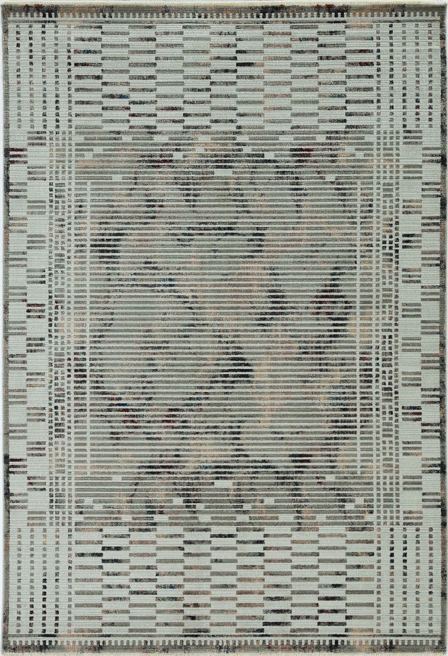 8' Natural Grey Machine Woven Bordered Abstract Lines Round Indoor Area Rug