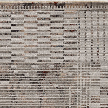 8' Natural Grey Machine Woven Bordered Abstract Lines Round Indoor Area Rug