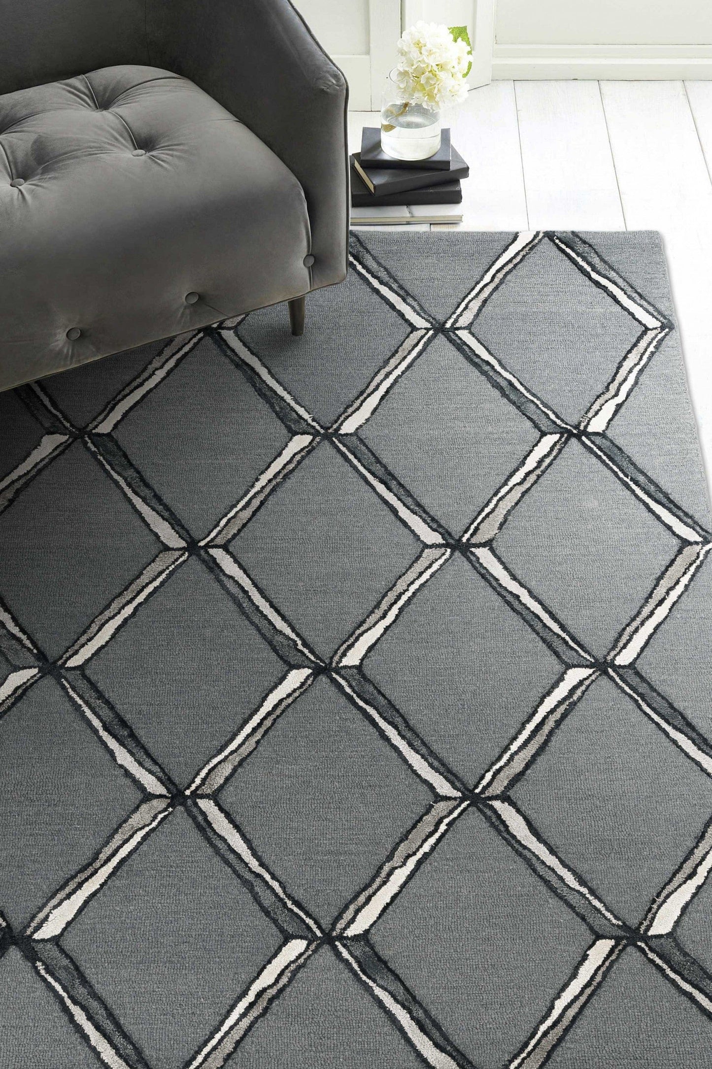 12'X15' Charcoal Silver Hand Tufted Diamond Pattern Indoor Area Rug