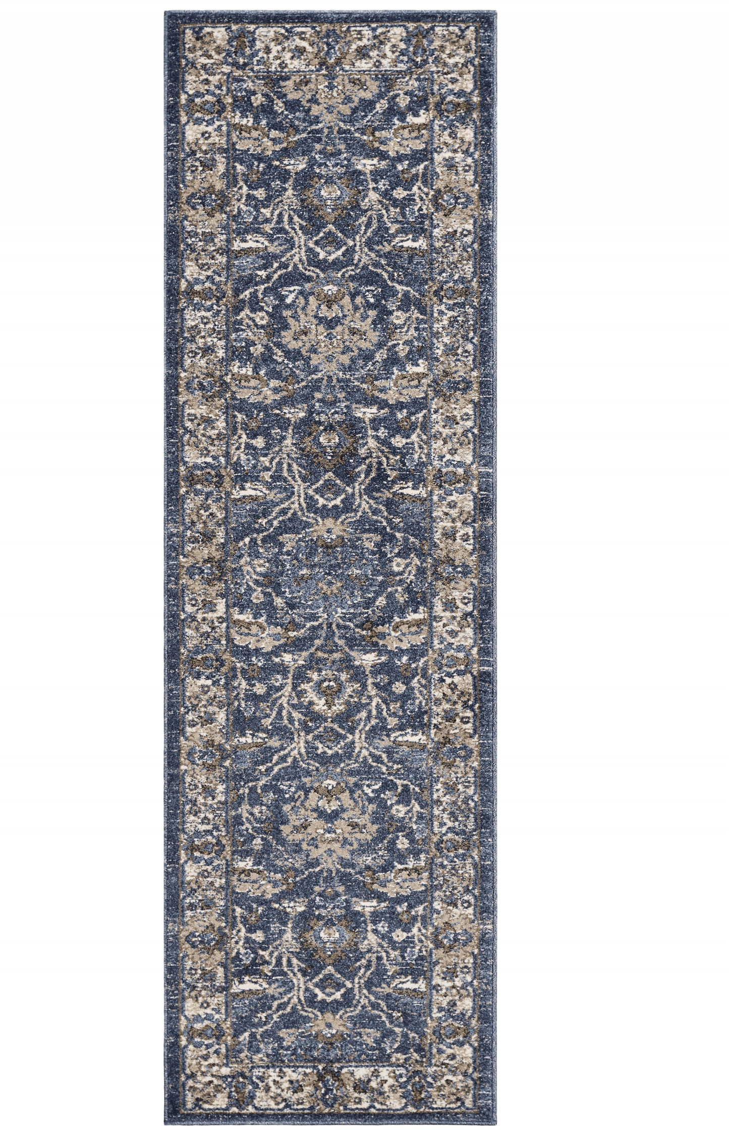 8' Denim Blue Machine Woven Bordered Floral Vines Indoor Runner Rug