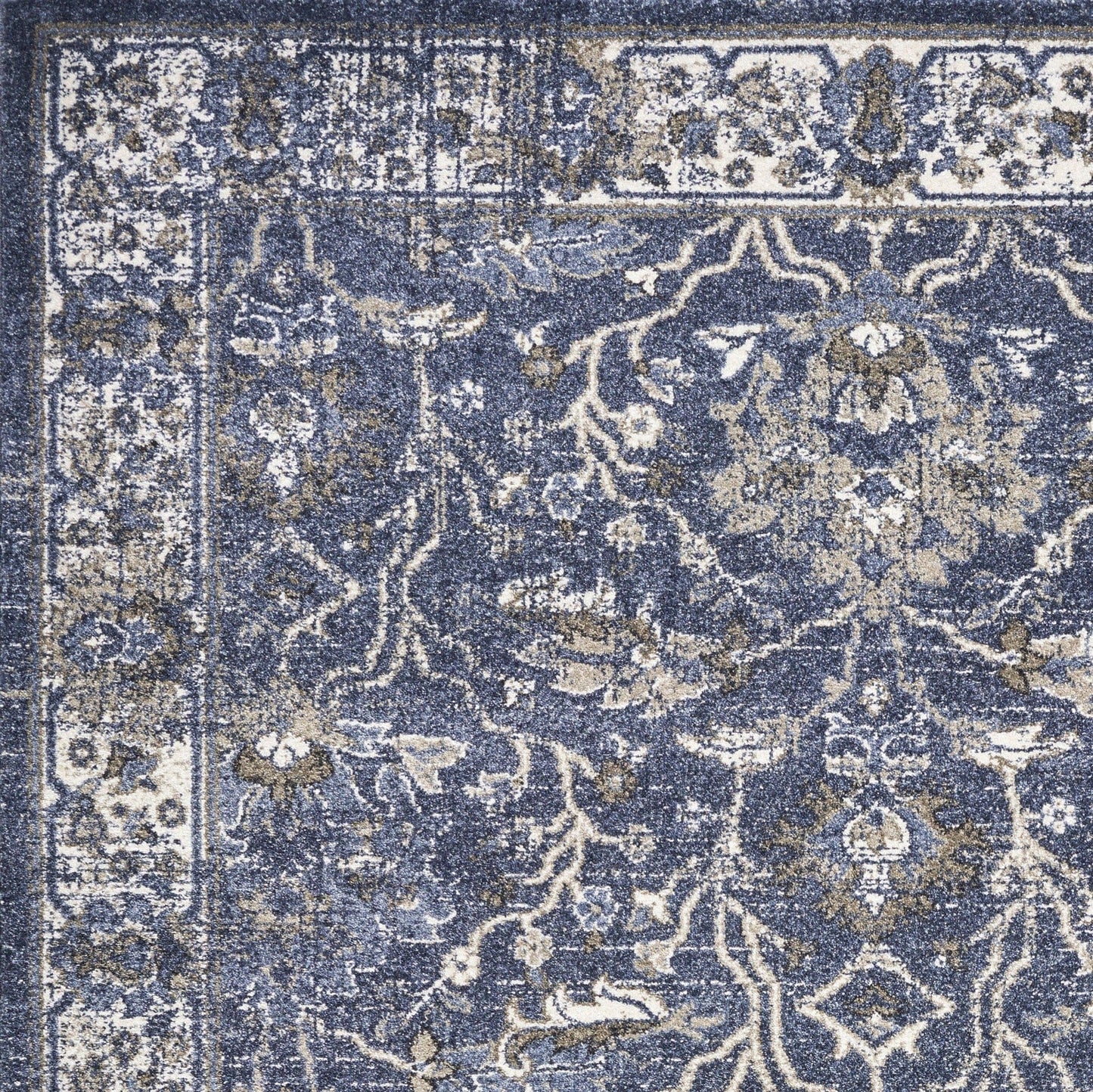8' Denim Blue Machine Woven Bordered Floral Vines Indoor Runner Rug