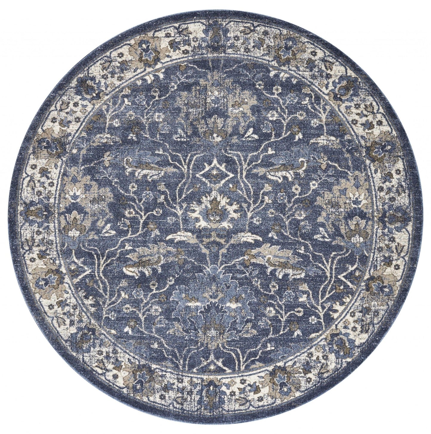 8' Denim Blue Machine Woven Bordered Floral Vines Indoor Runner Rug