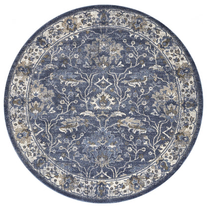 8' Denim Blue Machine Woven Bordered Floral Vines Indoor Runner Rug